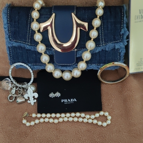 Denim Clutch with Gold Accent and Pearl Jewelry - Picture 3 of 16